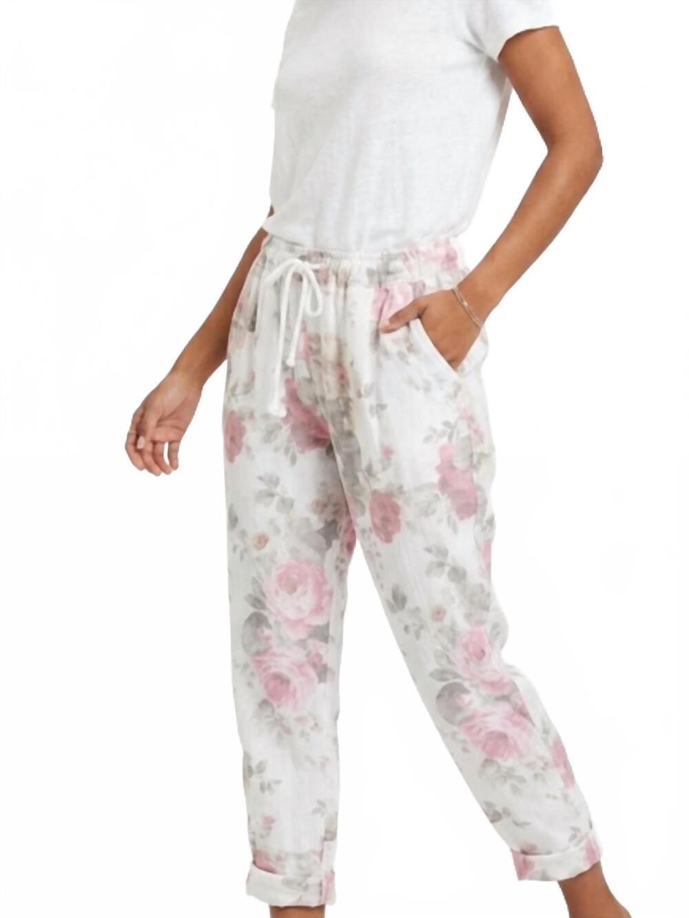 NEW MILIO MILANO linen floral pants in white multi